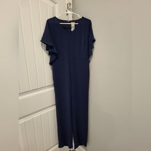 Chico's Navy Blue V-Neck Long-Sleeve Ruffle Jumpsuit
